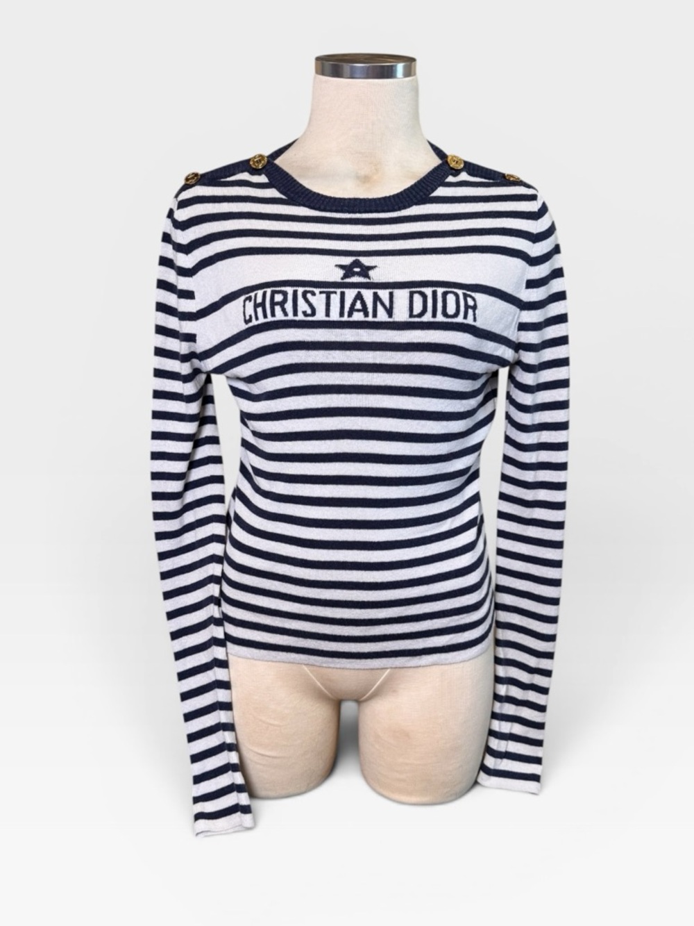CHRISTIAN DIOR Navy and White Striped Knit Sweater with Embroidered Logo Size 6